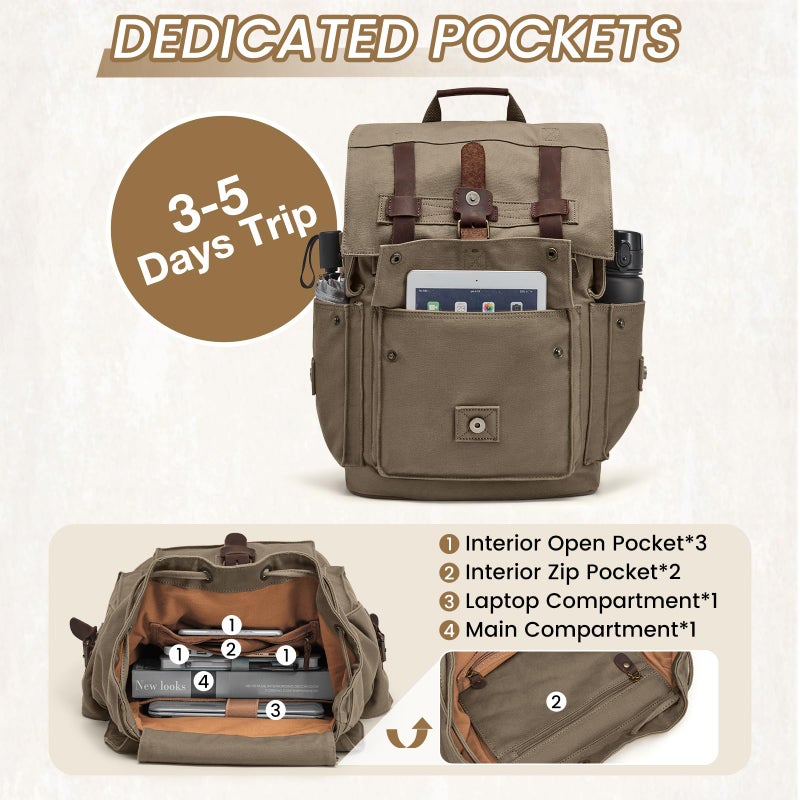 Kattee Menâ€™s Leather Canvas Backpack Large School Bag Travel Rucksack Army Green - Image 5